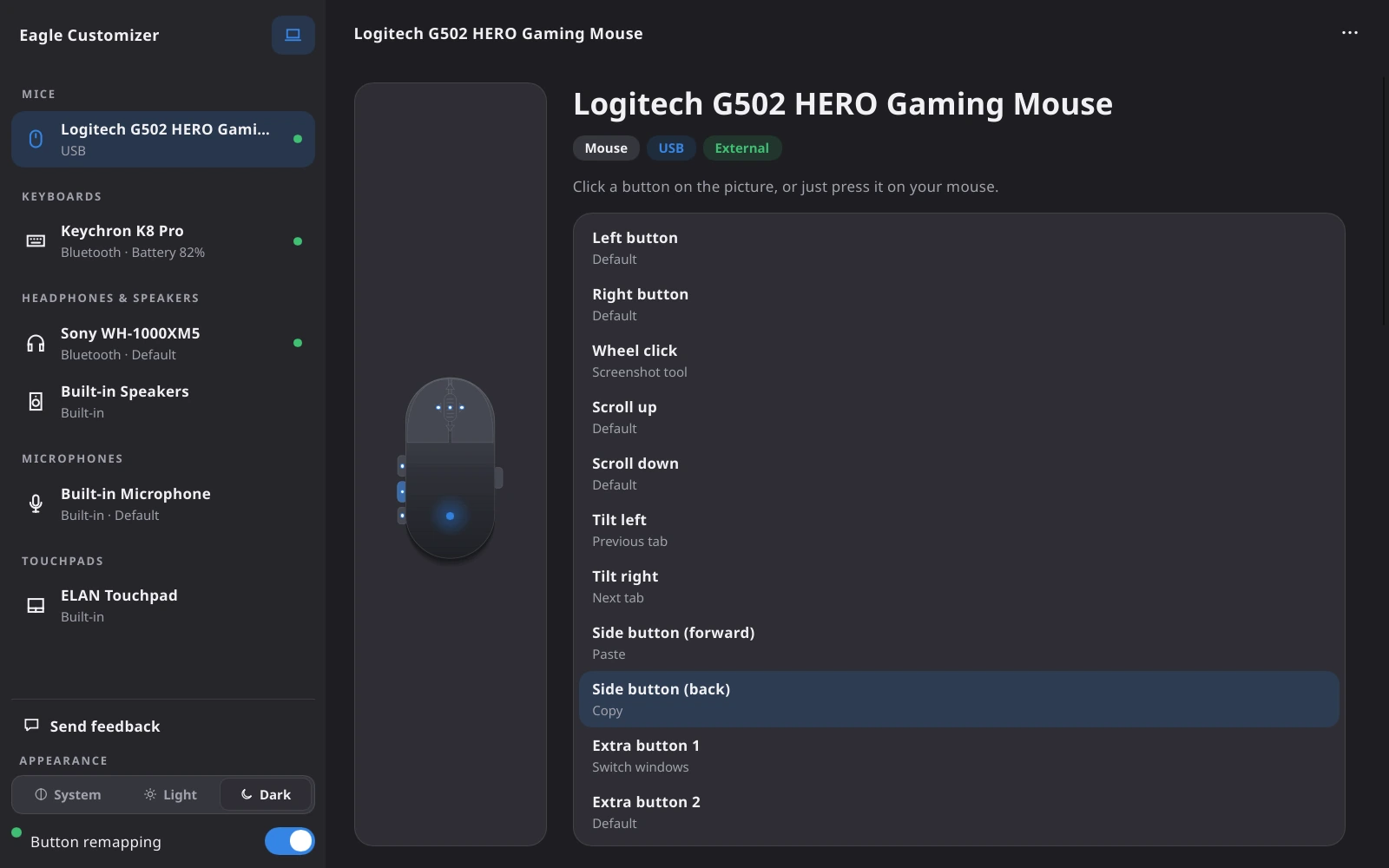 Eagle Customizer showing a Logitech mouse with its buttons mapped to actions